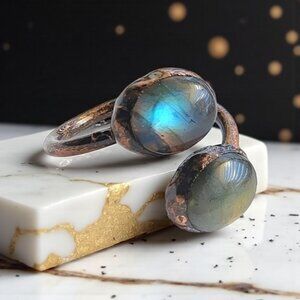 🆕 Boho Vintage Labradorite Ring Adjustable Open Wrap Handmade Copper Finish